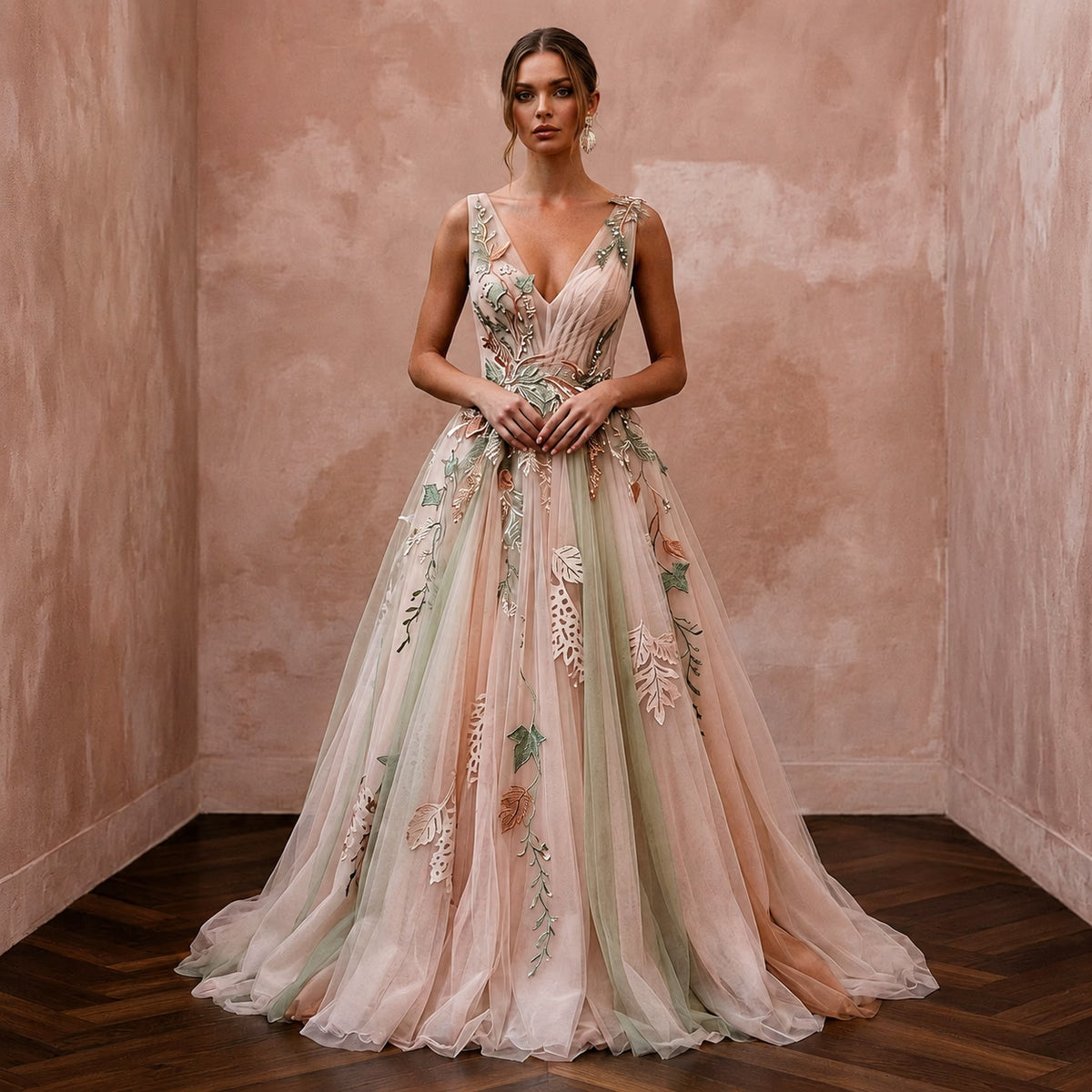 Ethereal Blush Tulle Boho Gown for Forest Elopement - Apparel & Accessories > Clothing > Wedding & Bridal Party Dresses > Wedding Dresses - Mignonette Bridal Main image