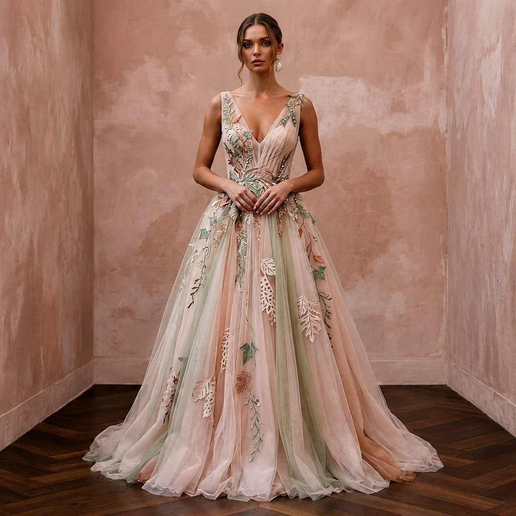 Ethereal Blush Tulle Boho Gown for Forest Elopement