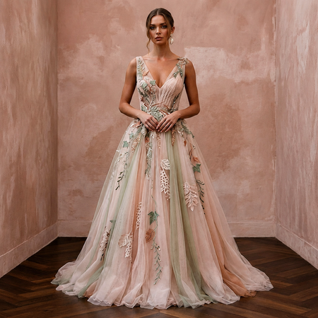 Ethereal Blush Tulle Boho Gown for Forest Elopement