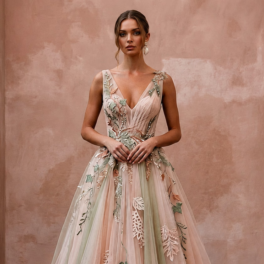 Ethereal Blush Tulle Boho Gown for Forest Elopement - Apparel & Accessories > Clothing > Wedding & Bridal Party Dresses > Wedding Dresses - Mignonette Bridal