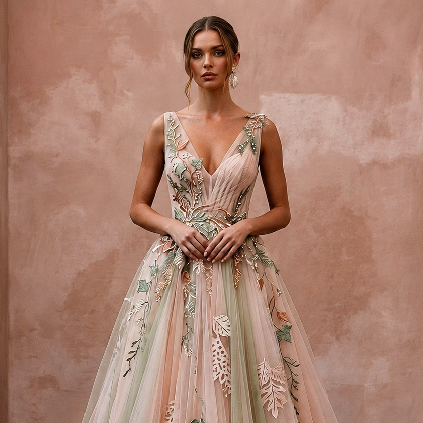 Ethereal Blush Tulle Boho Gown for Forest Elopement