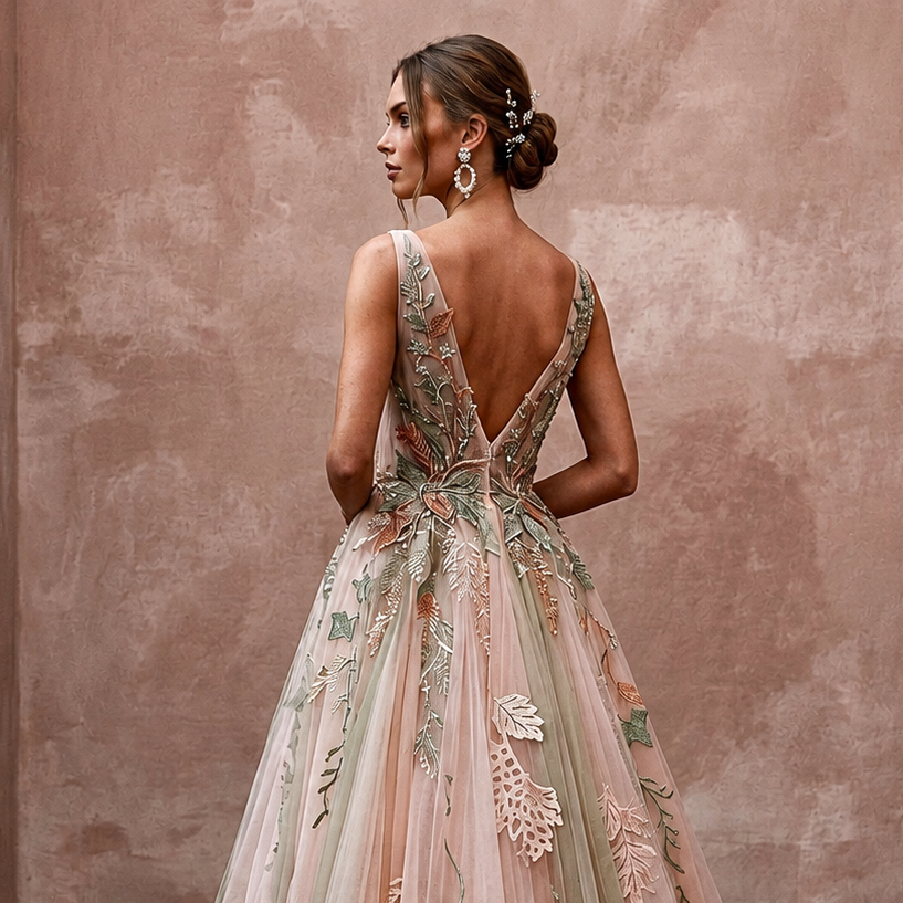Ethereal Blush Tulle Boho Gown for Forest Elopement