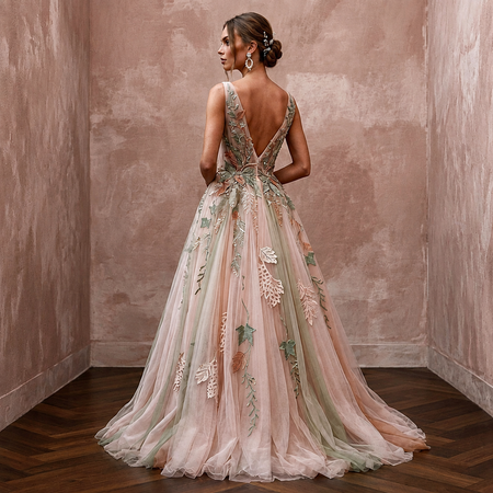 Ethereal Blush Tulle Boho Gown for Forest Elopement