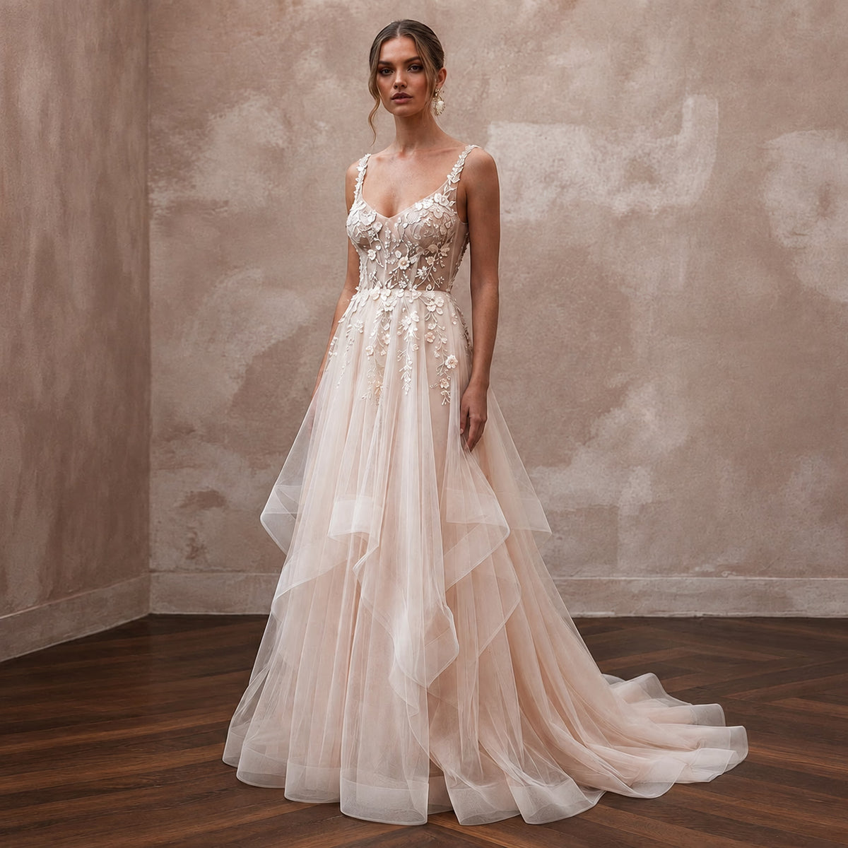 Ethereal Blush Tulle Fit - and - Flare Bridal Dress for Garden Party Rehearsal - Apparel & Accessories > Clothing > Wedding & Bridal Party Dresses > Wedding Dresses - Mignonette Bridal