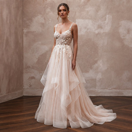 Ethereal Blush Tulle Fit - and - Flare Bridal Dress for Garden Party Rehearsal - Apparel & Accessories > Clothing > Wedding & Bridal Party Dresses > Wedding Dresses - Mignonette Bridal