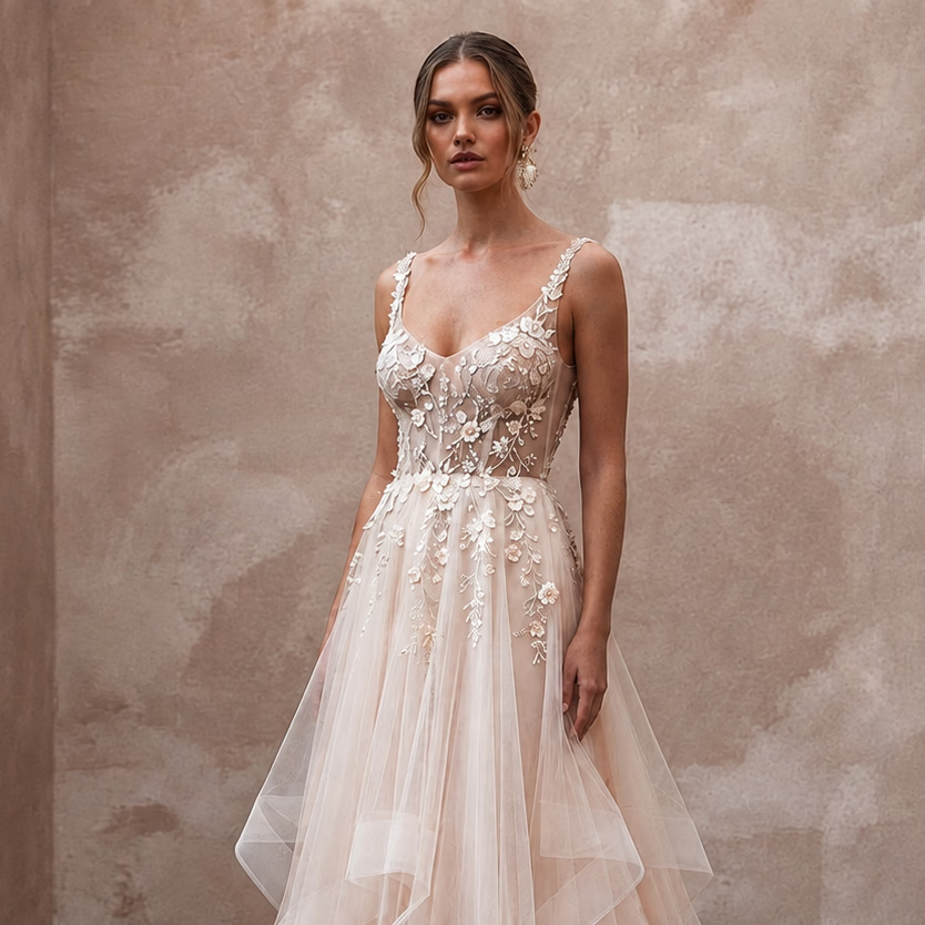 Ethereal Blush Tulle Fit - and - Flare Bridal Dress for Garden Party Rehearsal - Apparel & Accessories > Clothing > Wedding & Bridal Party Dresses > Wedding Dresses - Mignonette Bridal