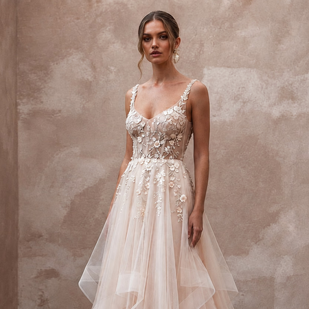 Ethereal Blush Tulle Fit - and - Flare Bridal Dress for Garden Party Rehearsal - Apparel & Accessories > Clothing > Wedding & Bridal Party Dresses > Wedding Dresses - Mignonette Bridal
