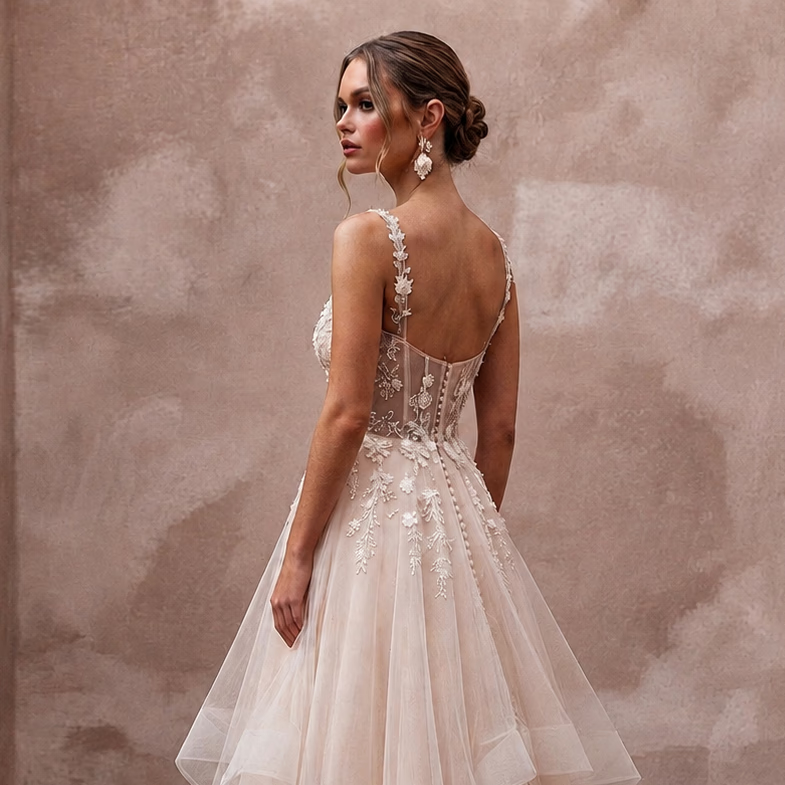 Ethereal Blush Tulle Fit - and - Flare Bridal Dress for Garden Party Rehearsal - Apparel & Accessories > Clothing > Wedding & Bridal Party Dresses > Wedding Dresses - Mignonette Bridal