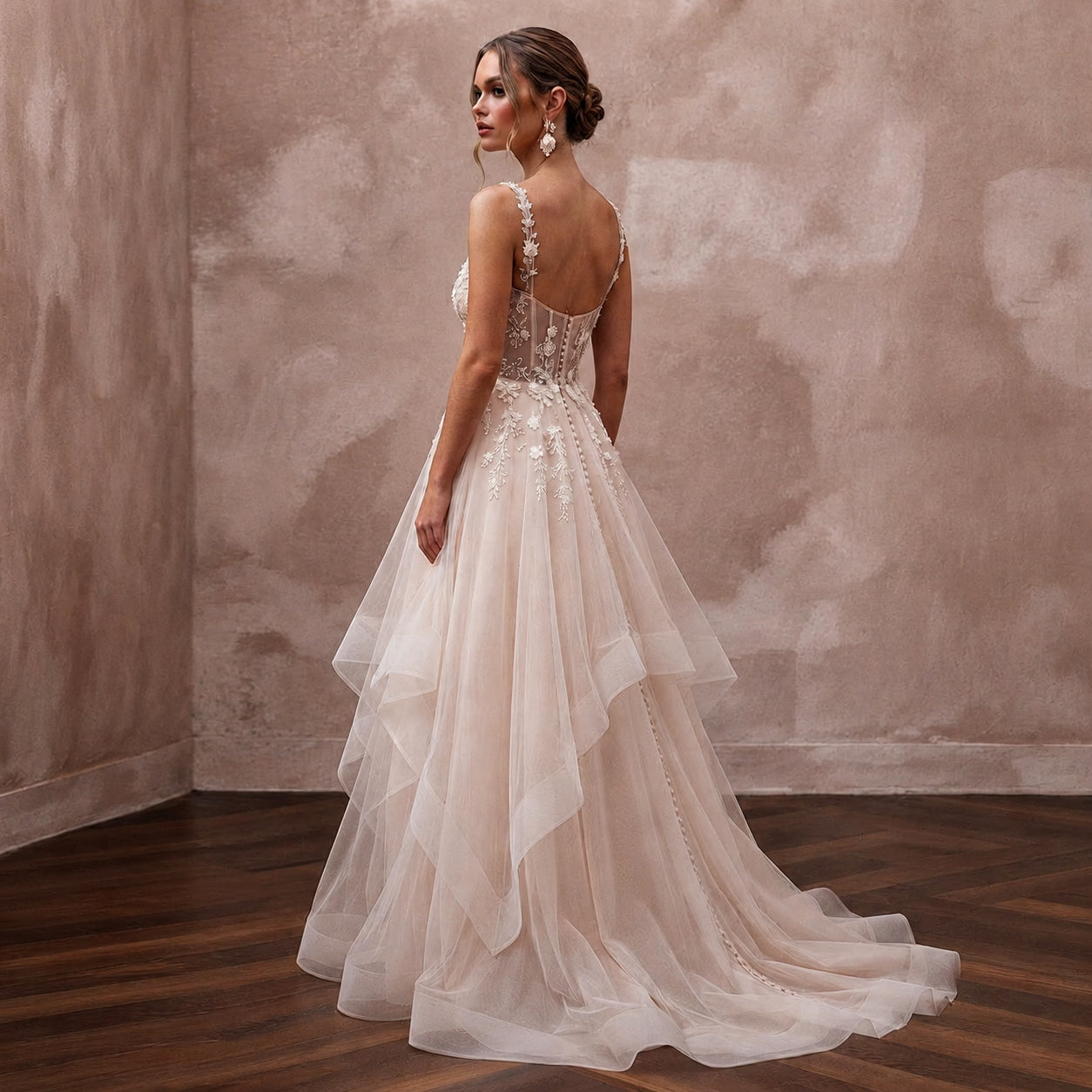 Ethereal Blush Tulle Fit-and-Flare Bridal Dress for Garden Party Rehearsal Secondary image