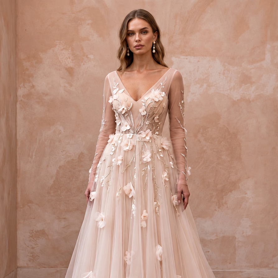 Ethereal Blush Tulle Long Sleeve A-Line Wedding Dress for Garden Elopement