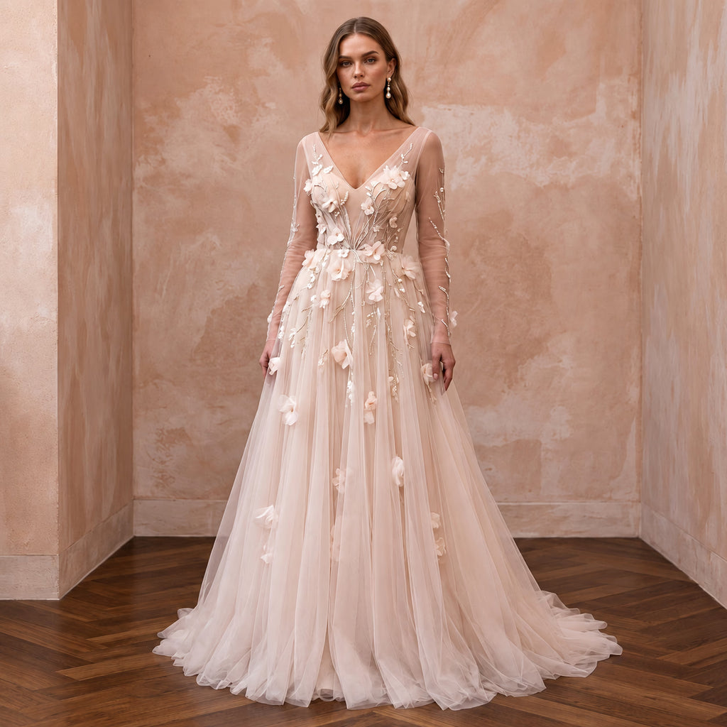 Ethereal Blush Tulle Long Sleeve A-Line Wedding Dress for Garden Elopement