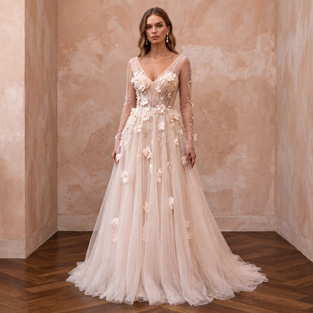 Ethereal Blush Tulle Long Sleeve A-Line Wedding Dress for Garden Elopement