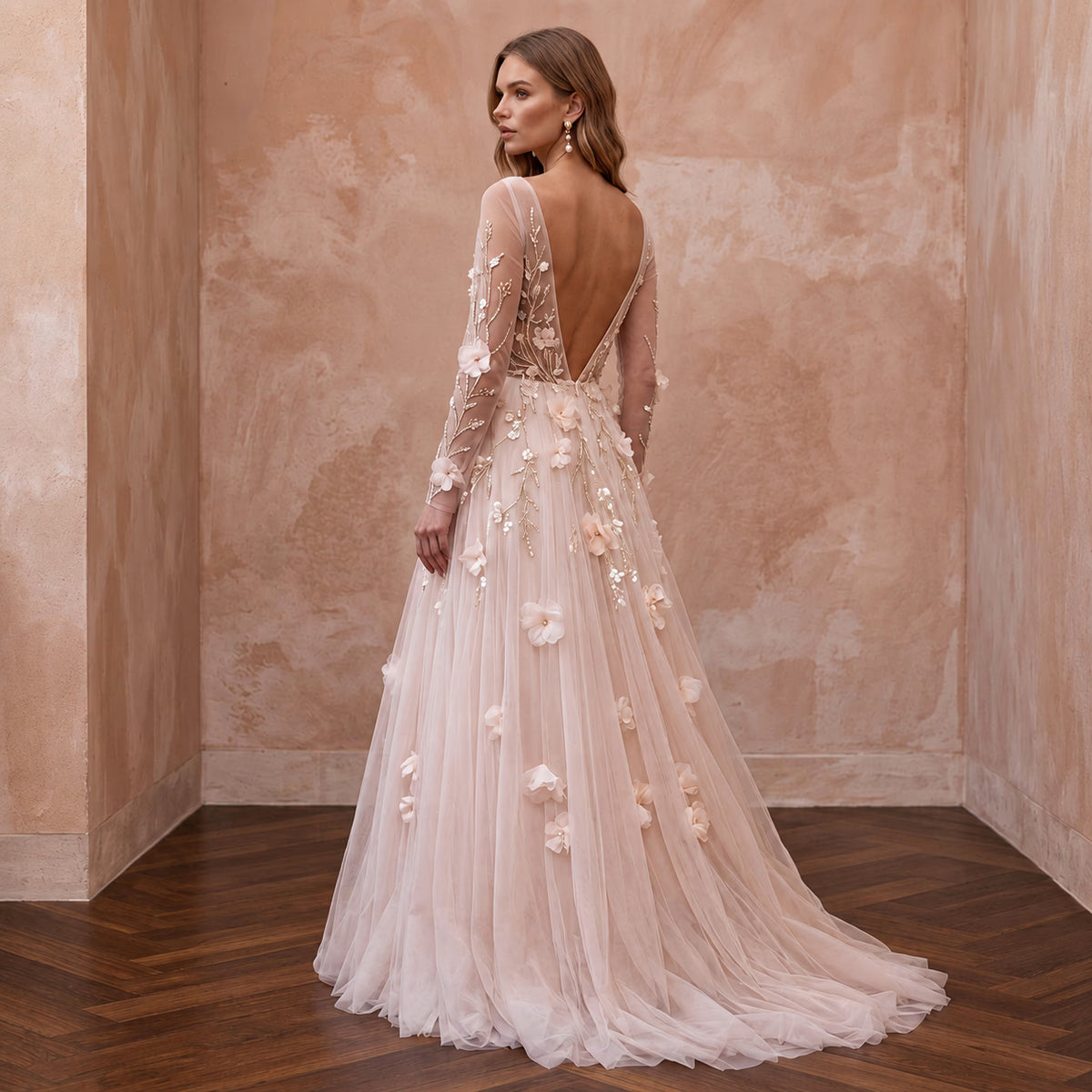 Ethereal Blush Tulle Long Sleeve A-Line Wedding Dress for Garden Elopement