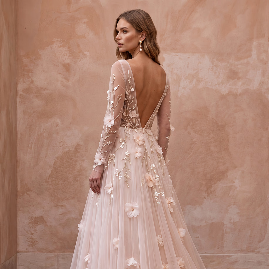 Ethereal Blush Tulle Long Sleeve A-Line Wedding Dress for Garden Elopement