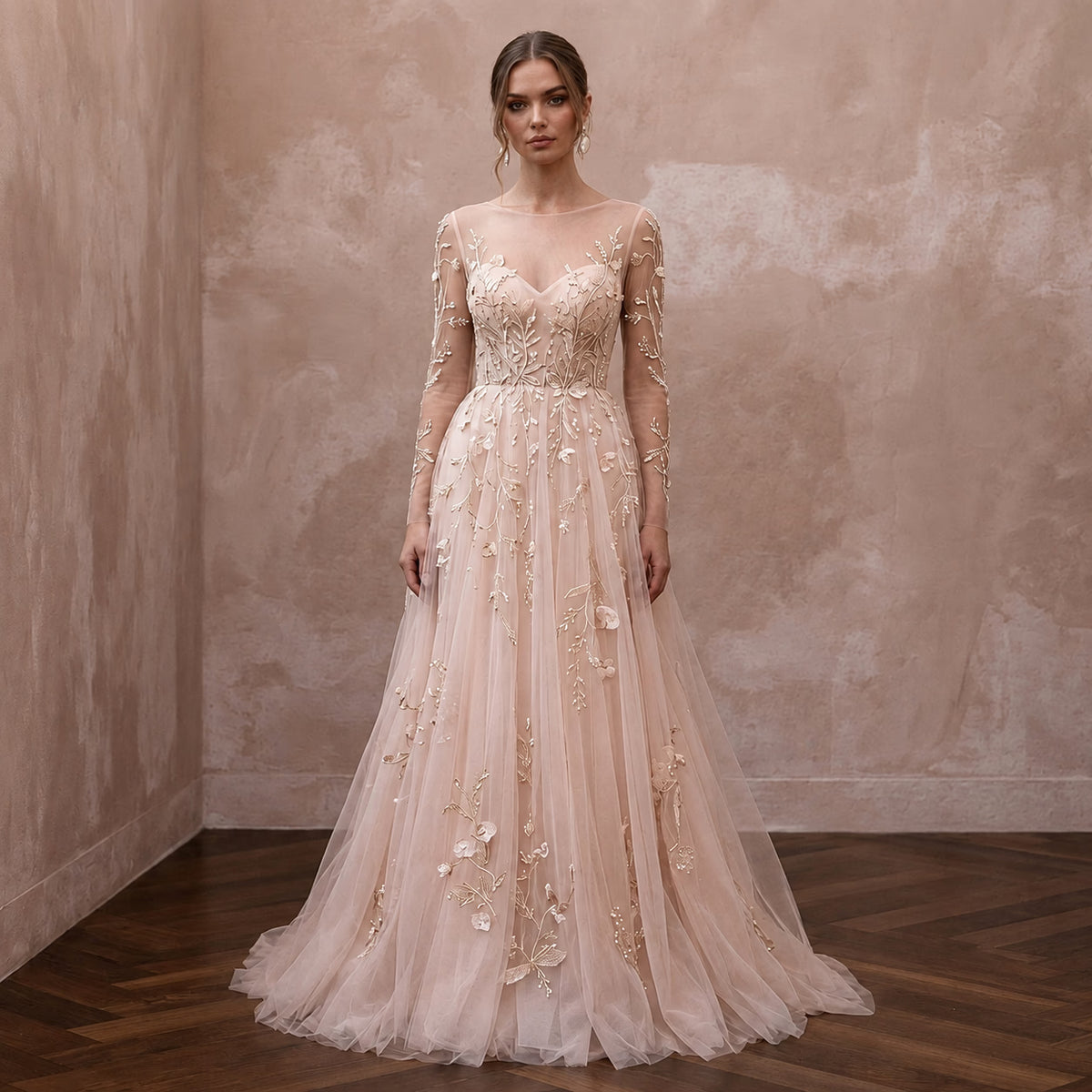 Ethereal Blush Tulle Long Sleeve A - Line for Garden Elopement - Apparel & Accessories > Clothing > Wedding & Bridal Party Dresses > Wedding Dresses - Mignonette Bridal Main image