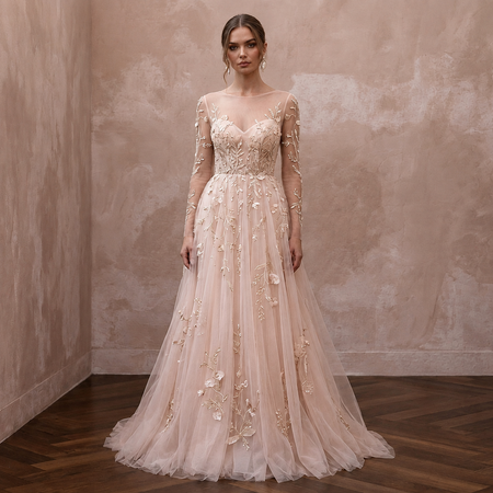 Ethereal Blush Tulle Long Sleeve A-Line for Garden Elopement