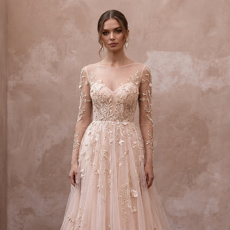 Ethereal Blush Tulle Long Sleeve A - Line for Garden Elopement - Apparel & Accessories > Clothing > Wedding & Bridal Party Dresses > Wedding Dresses - Mignonette Bridal