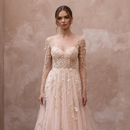 Ethereal Blush Tulle Long Sleeve A-Line for Garden Elopement