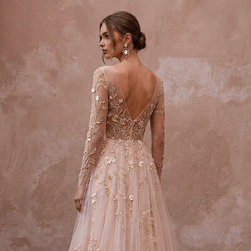 Ethereal Blush Tulle Long Sleeve A - Line for Garden Elopement - Apparel & Accessories > Clothing > Wedding & Bridal Party Dresses > Wedding Dresses - Mignonette Bridal