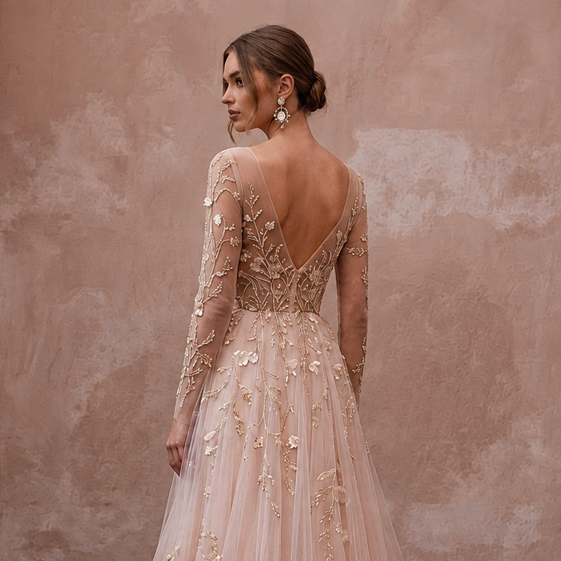 Ethereal Blush Tulle Long Sleeve A-Line for Garden Elopement