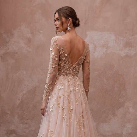 Ethereal Blush Tulle Long Sleeve A-Line for Garden Elopement