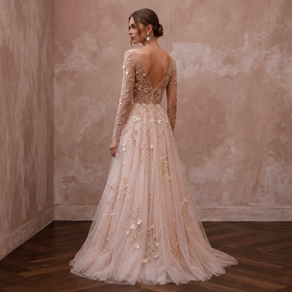 Ethereal Blush Tulle Long Sleeve A-Line for Garden Elopement