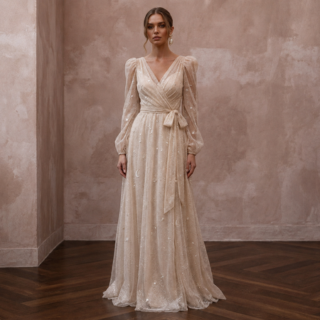 Ethereal Champagne Glitter Tulle Wrap Dress for Vow Renewal