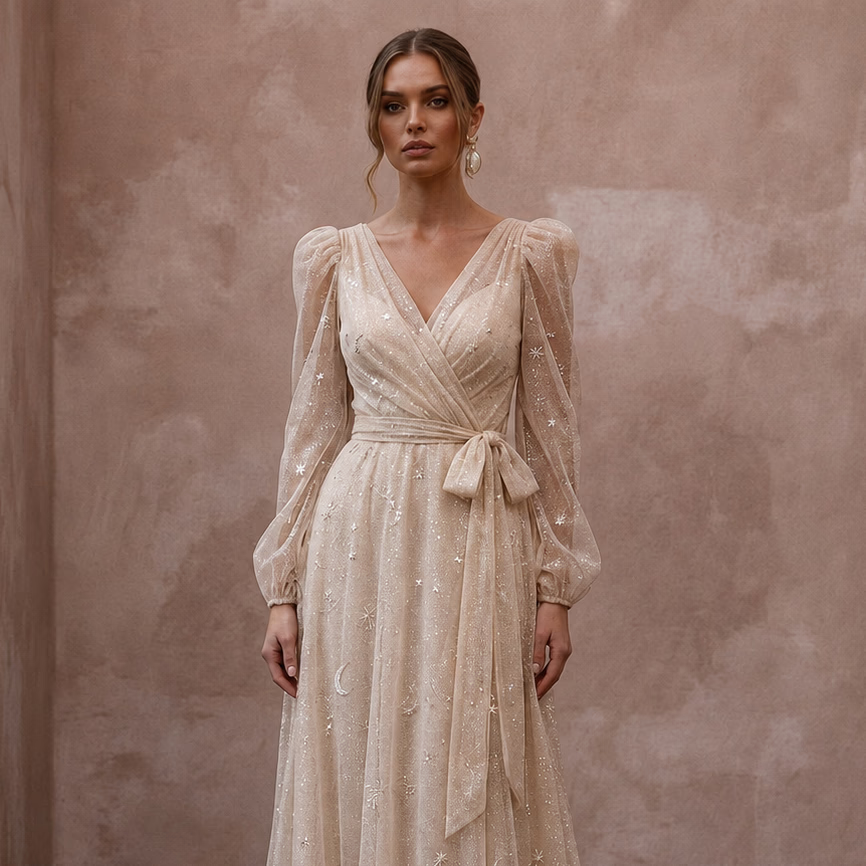 Ethereal Champagne Glitter Tulle Wrap Dress for Vow Renewal - Apparel & Accessories > Clothing > Wedding & Bridal Party Dresses > Wedding Dresses - Mignonette Bridal