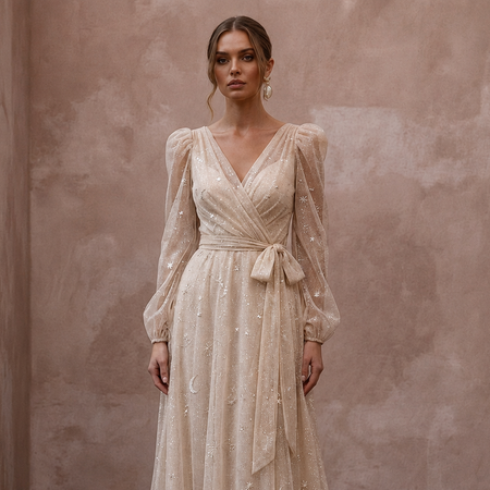Ethereal Champagne Glitter Tulle Wrap Dress for Vow Renewal