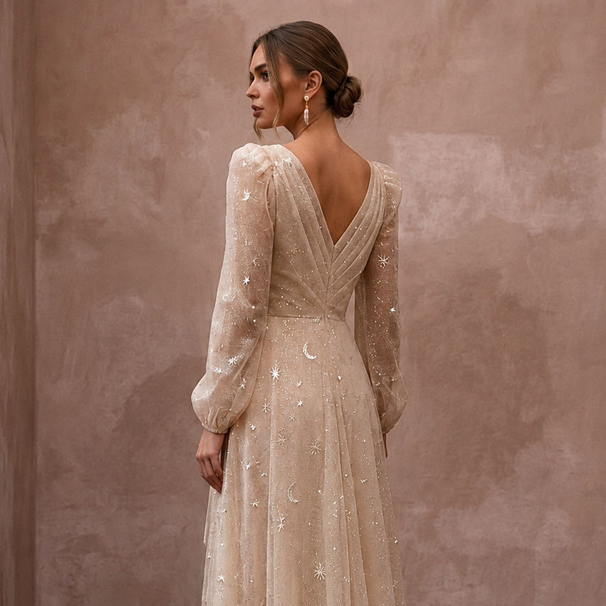 Ethereal Champagne Glitter Tulle Wrap Dress for Vow Renewal