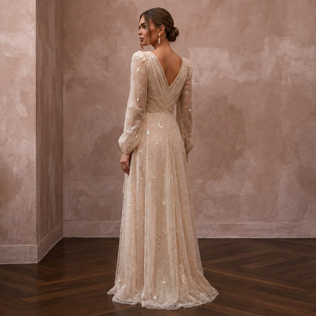 Ethereal Champagne Glitter Tulle Wrap Dress for Vow Renewal Secondary image