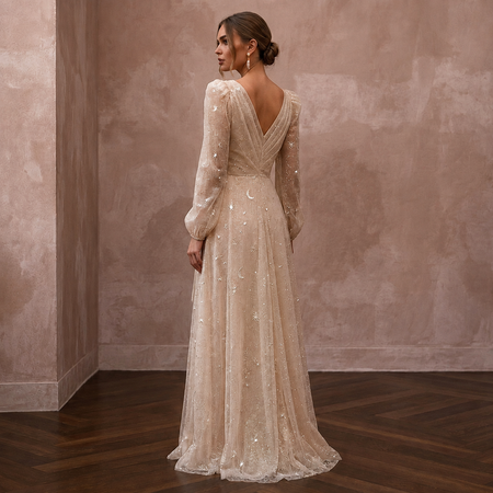 Ethereal Champagne Glitter Tulle Wrap Dress for Vow Renewal