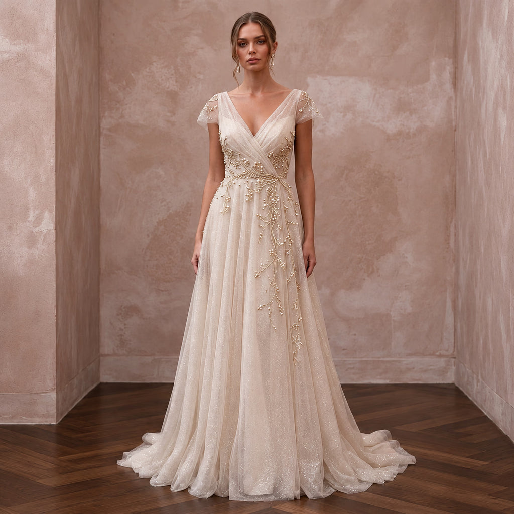 Ethereal Champagne Glitter Tulle Wrap Wedding Dress for Vow Renewal
