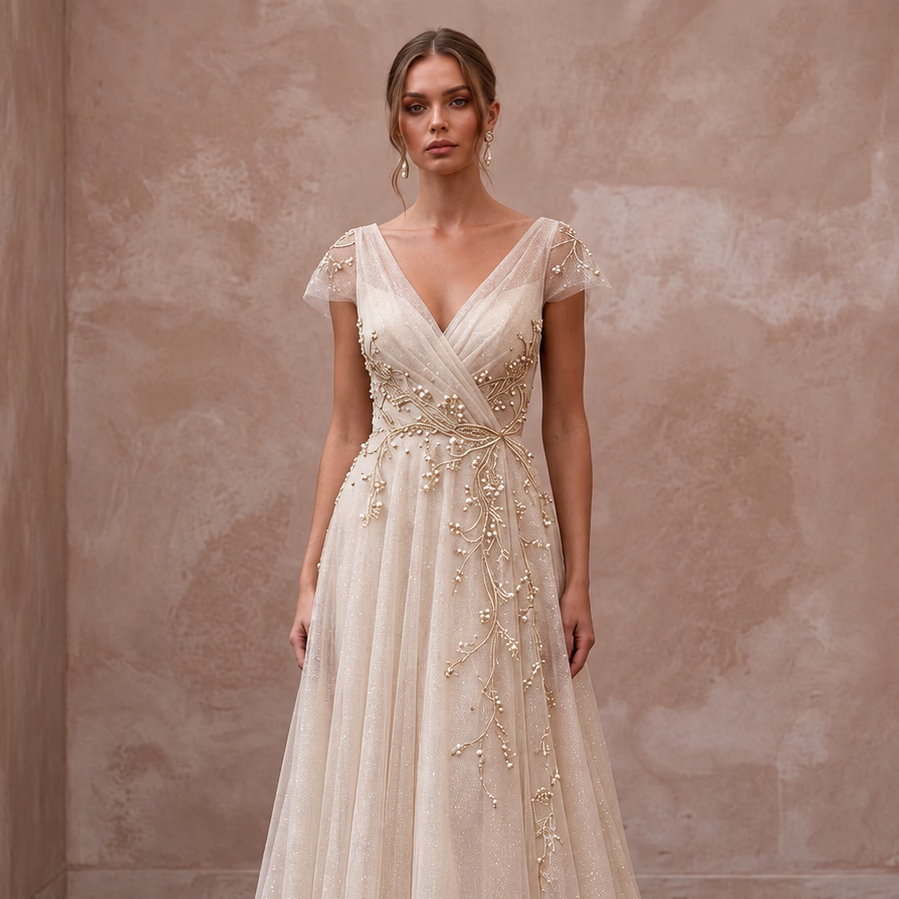 Ethereal Champagne Glitter Tulle Wrap Wedding Dress for Vow Renewal