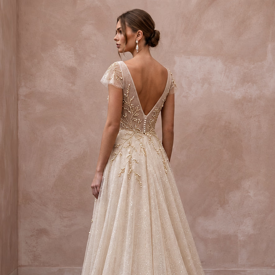 Ethereal Champagne Glitter Tulle Wrap Wedding Dress for Vow Renewal