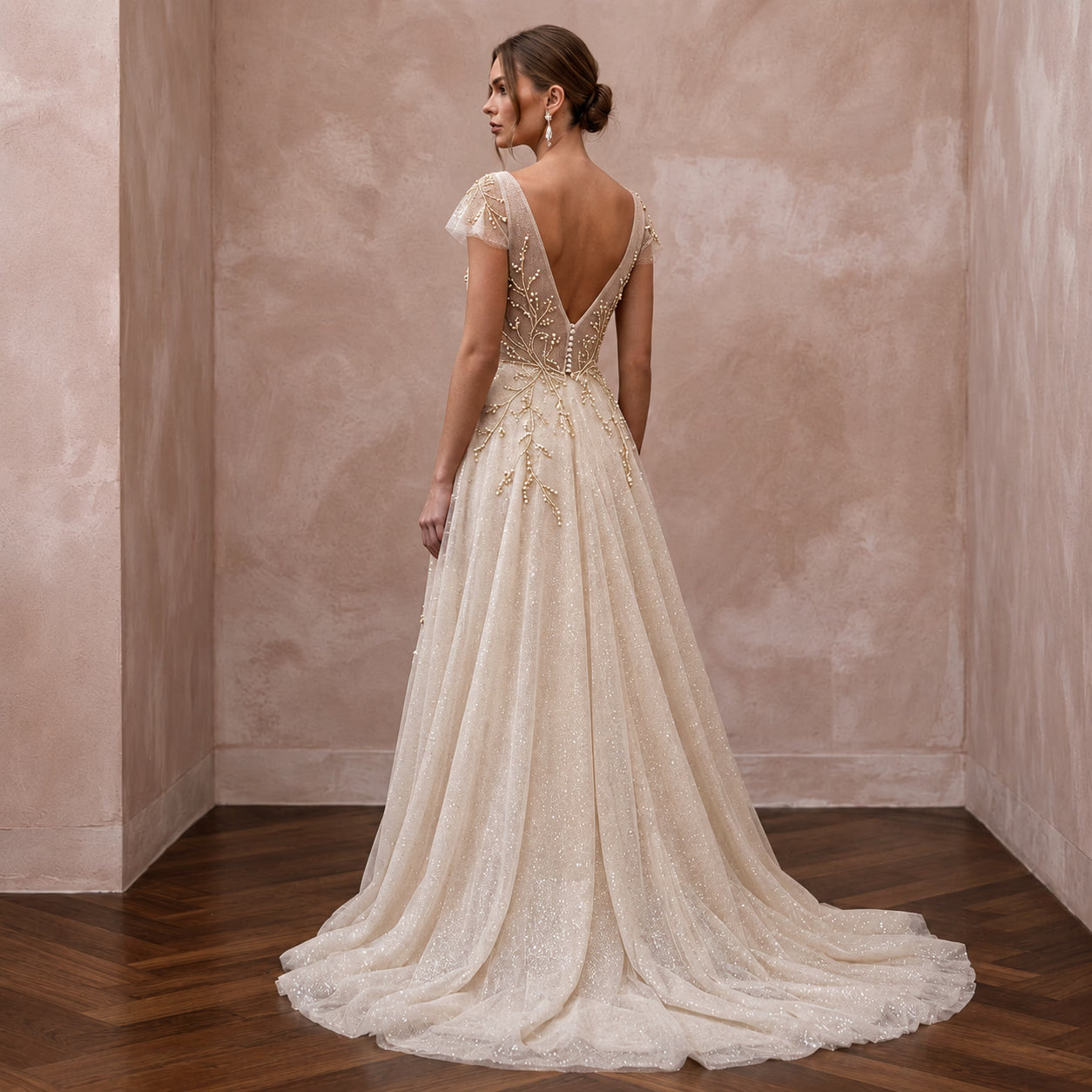 Ethereal Champagne Glitter Tulle Wrap Wedding Dress for Vow Renewal Secondary image