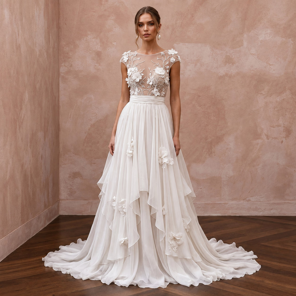 Ethereal Chiffon Wedding Dress with Flowing Skirt - Apparel & Accessories > Clothing > Wedding & Bridal Party Dresses > Wedding Dresses - Mignonette Bridal Main image