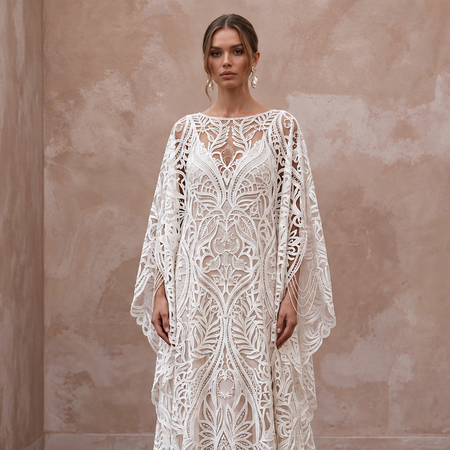 Ethereal Ivory Laser-Cut Lace Kaftan Wedding Dress for Poolside Reception