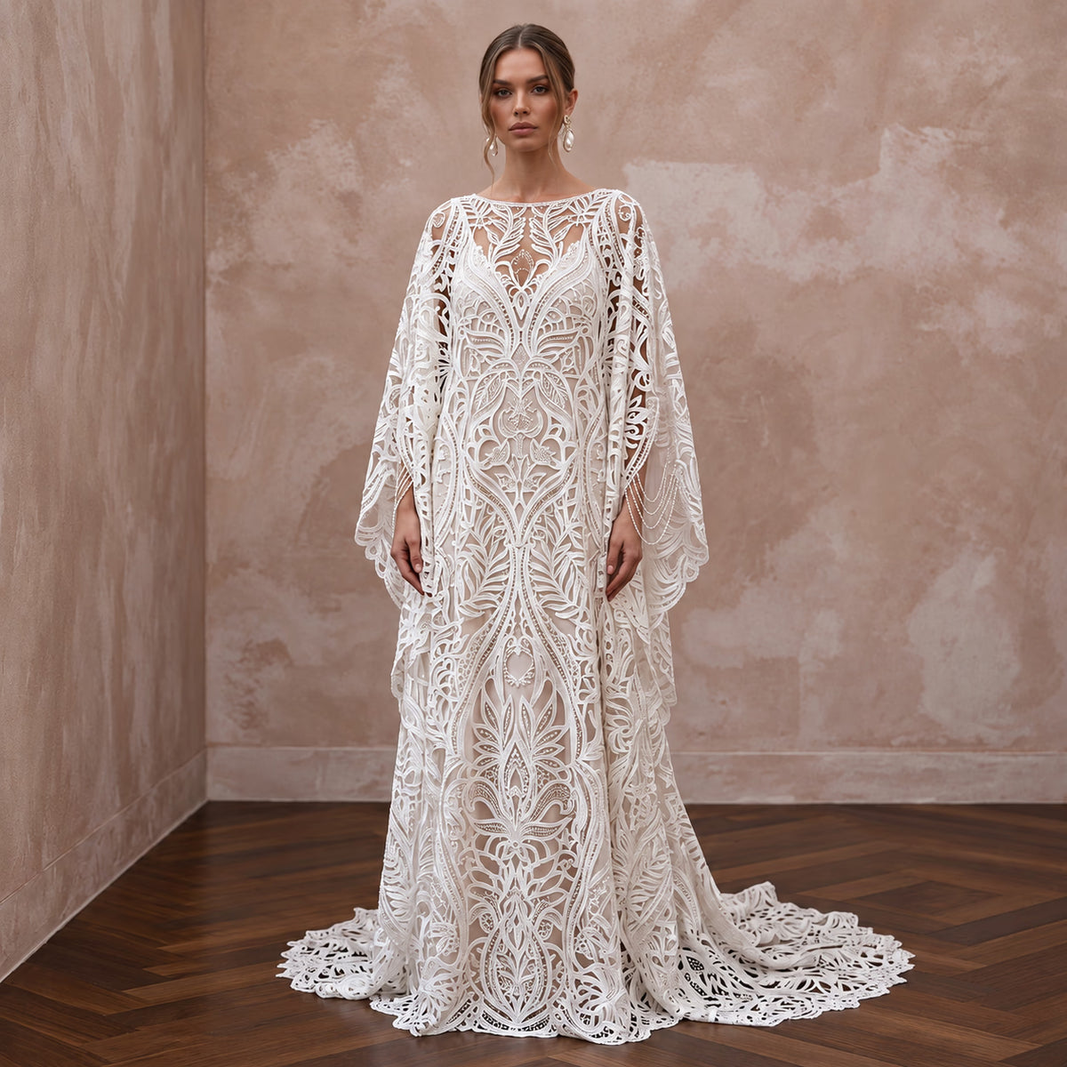 Ethereal Ivory Laser-Cut Lace Kaftan Wedding Dress for Poolside Reception