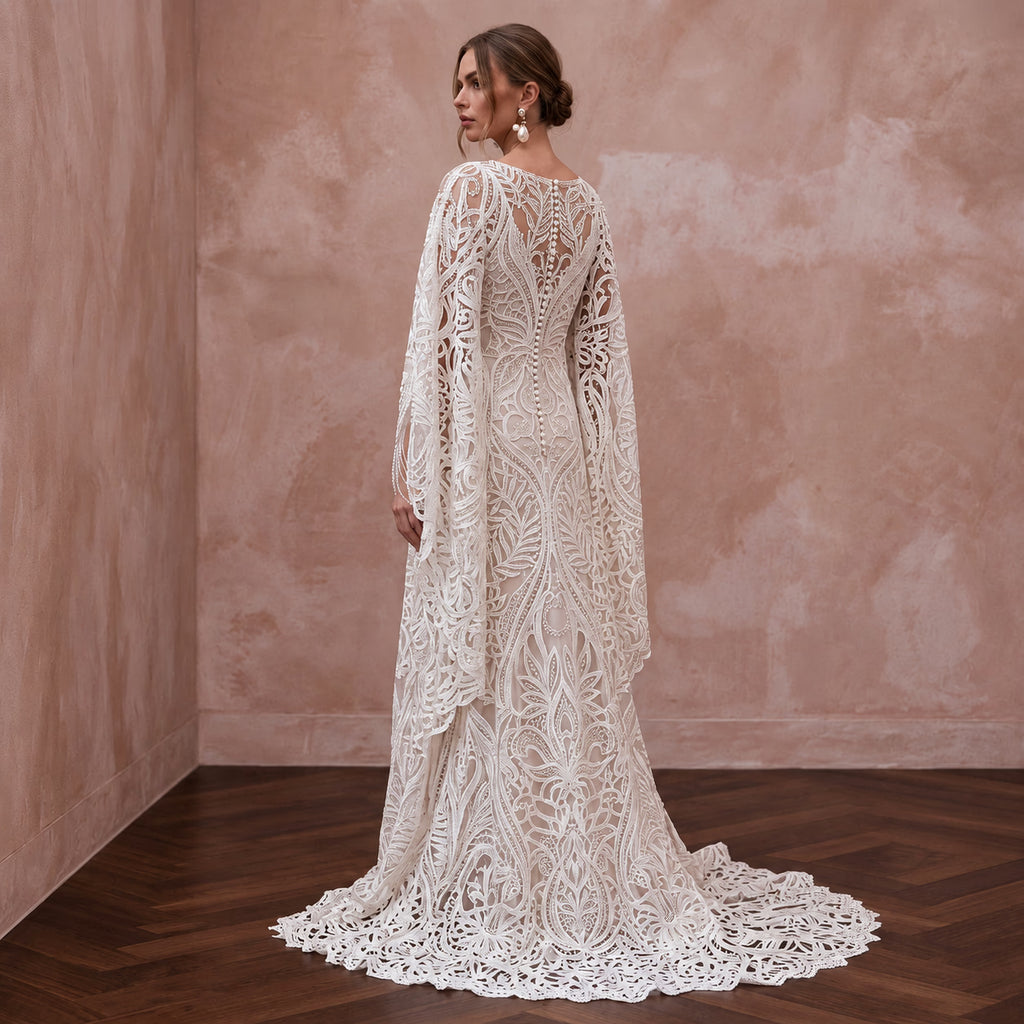 Ethereal Ivory Laser-Cut Lace Kaftan Wedding Dress for Poolside Reception