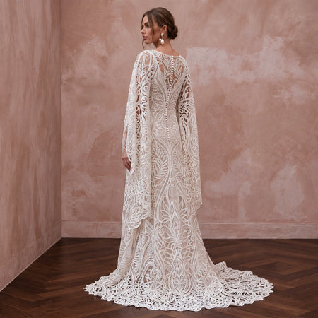 Ethereal Ivory Laser-Cut Lace Kaftan Wedding Dress for Poolside Reception