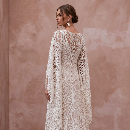 Ethereal Ivory Laser-Cut Lace Kaftan Wedding Dress for Poolside Reception