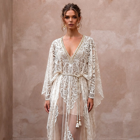 Ethereal Ivory Laser - Cut Lace Kaftan for Poolside Reception - Apparel & Accessories > Clothing > Wedding & Bridal Party Dresses > Wedding Dresses - Mignonette Bridal