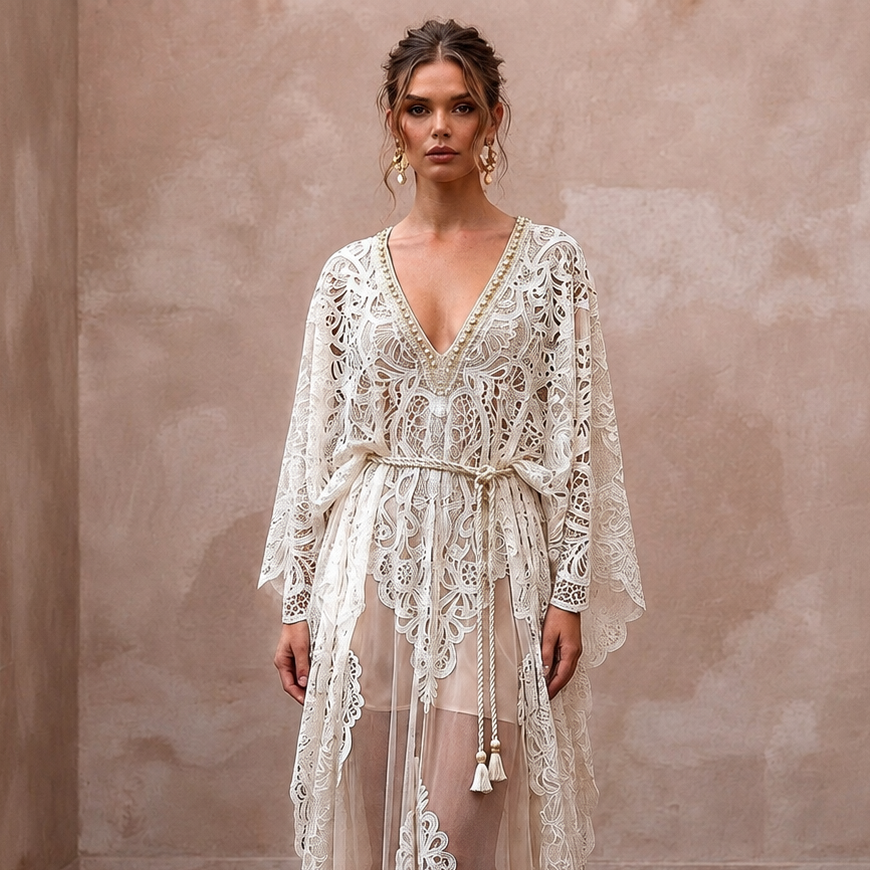Ethereal Ivory Laser-Cut Lace Kaftan for Poolside Reception