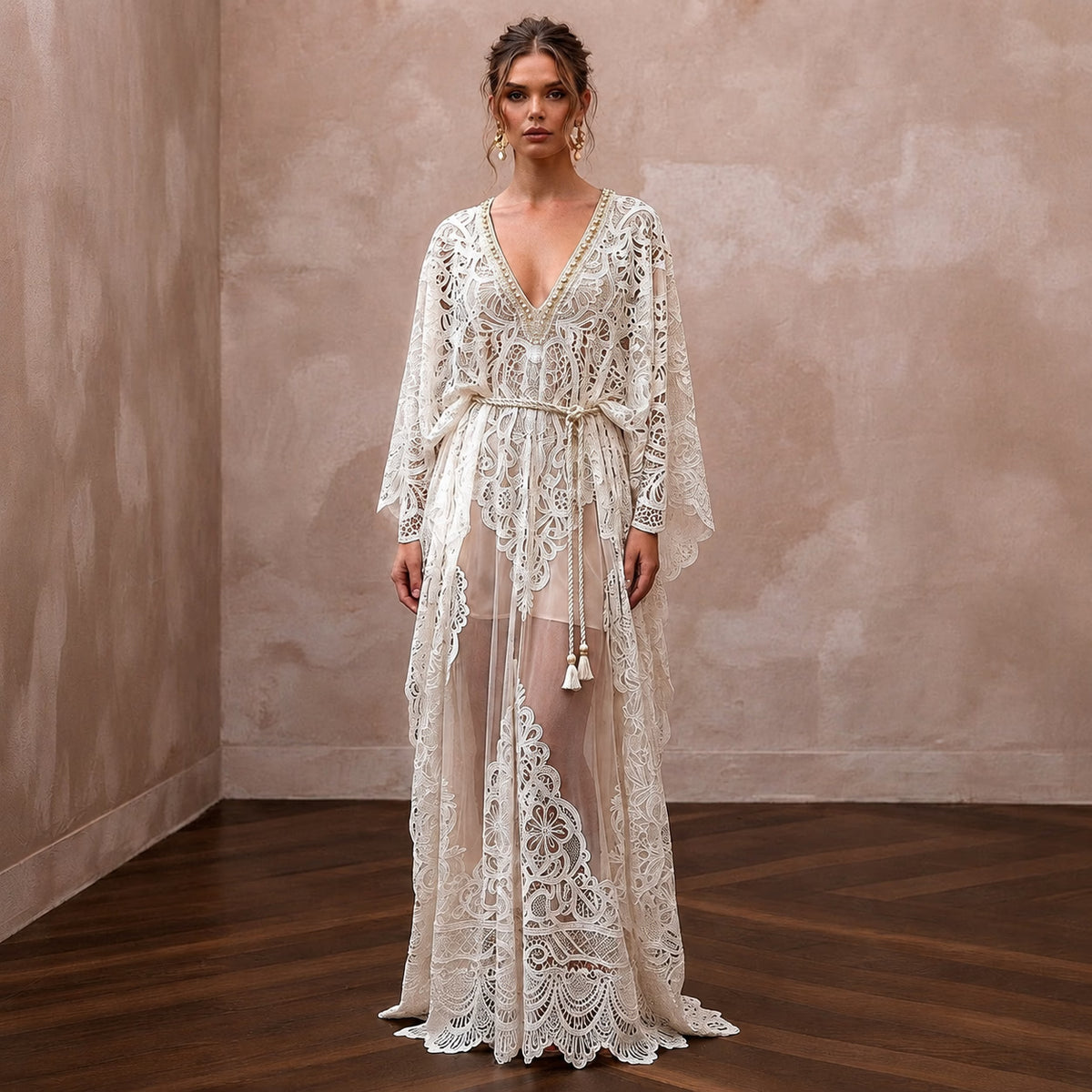 Ethereal Ivory Laser - Cut Lace Kaftan for Poolside Reception - Apparel & Accessories > Clothing > Wedding & Bridal Party Dresses > Wedding Dresses - Mignonette Bridal Main image