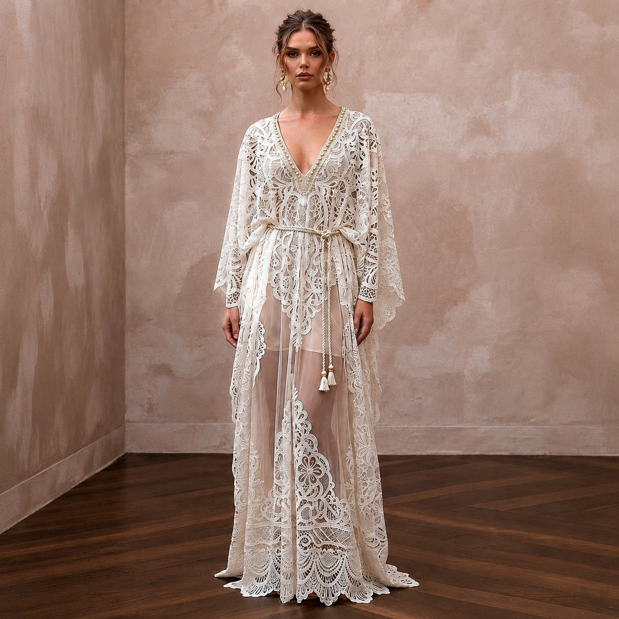 Ethereal Ivory Laser-Cut Lace Kaftan for Poolside Reception Main image
