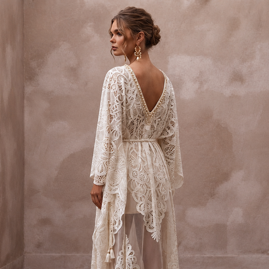 Ethereal Ivory Laser-Cut Lace Kaftan for Poolside Reception