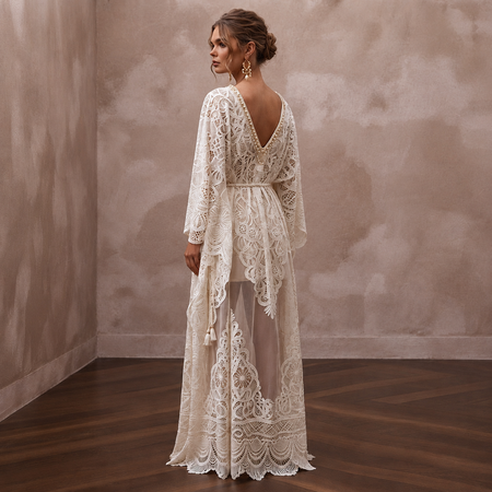 Ethereal Ivory Laser-Cut Lace Kaftan for Poolside Reception