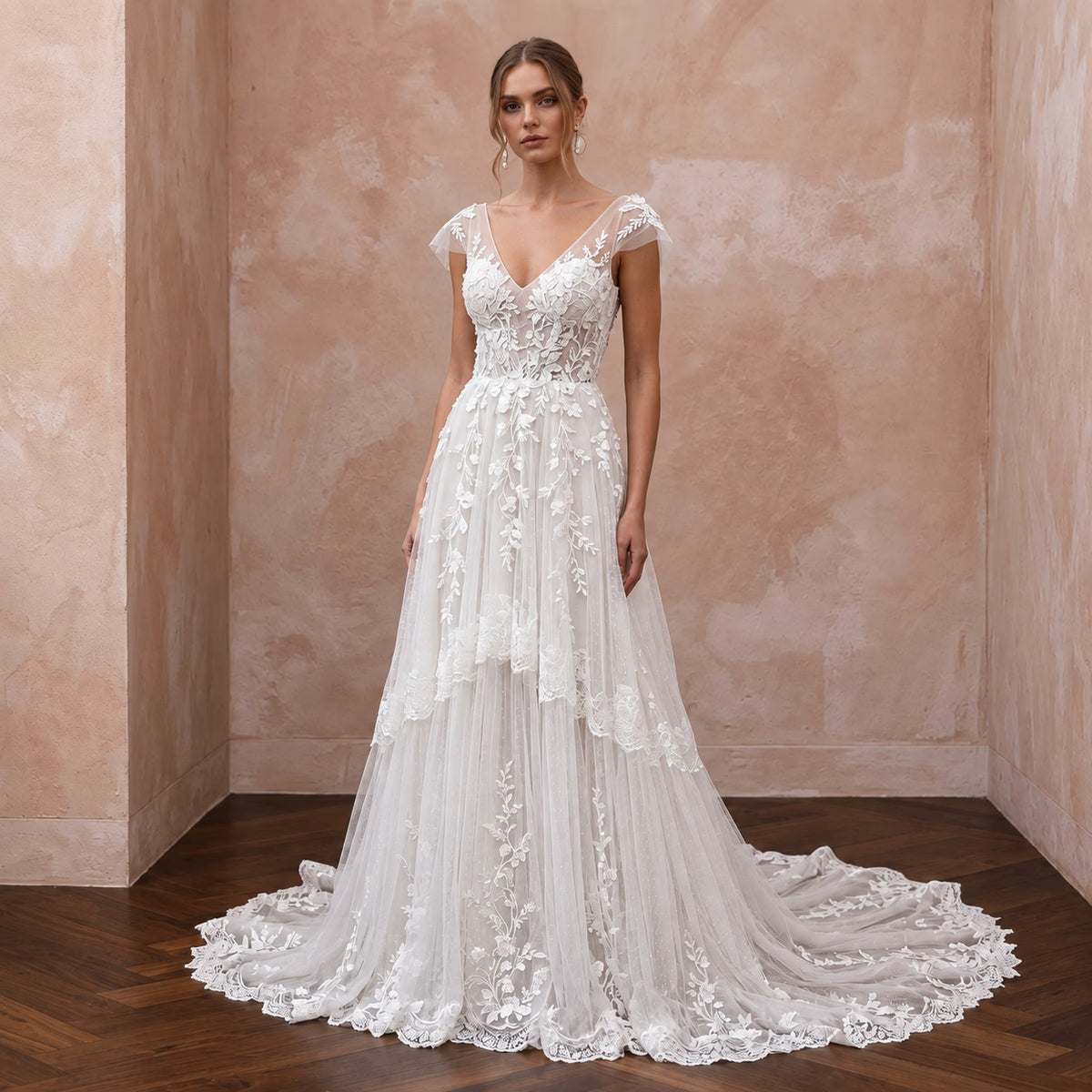 Ethereal Lace Bridal Gown with Chapel Train - Apparel & Accessories > Clothing > Wedding & Bridal Party Dresses > Wedding Dresses - Mignonette Bridal Main image