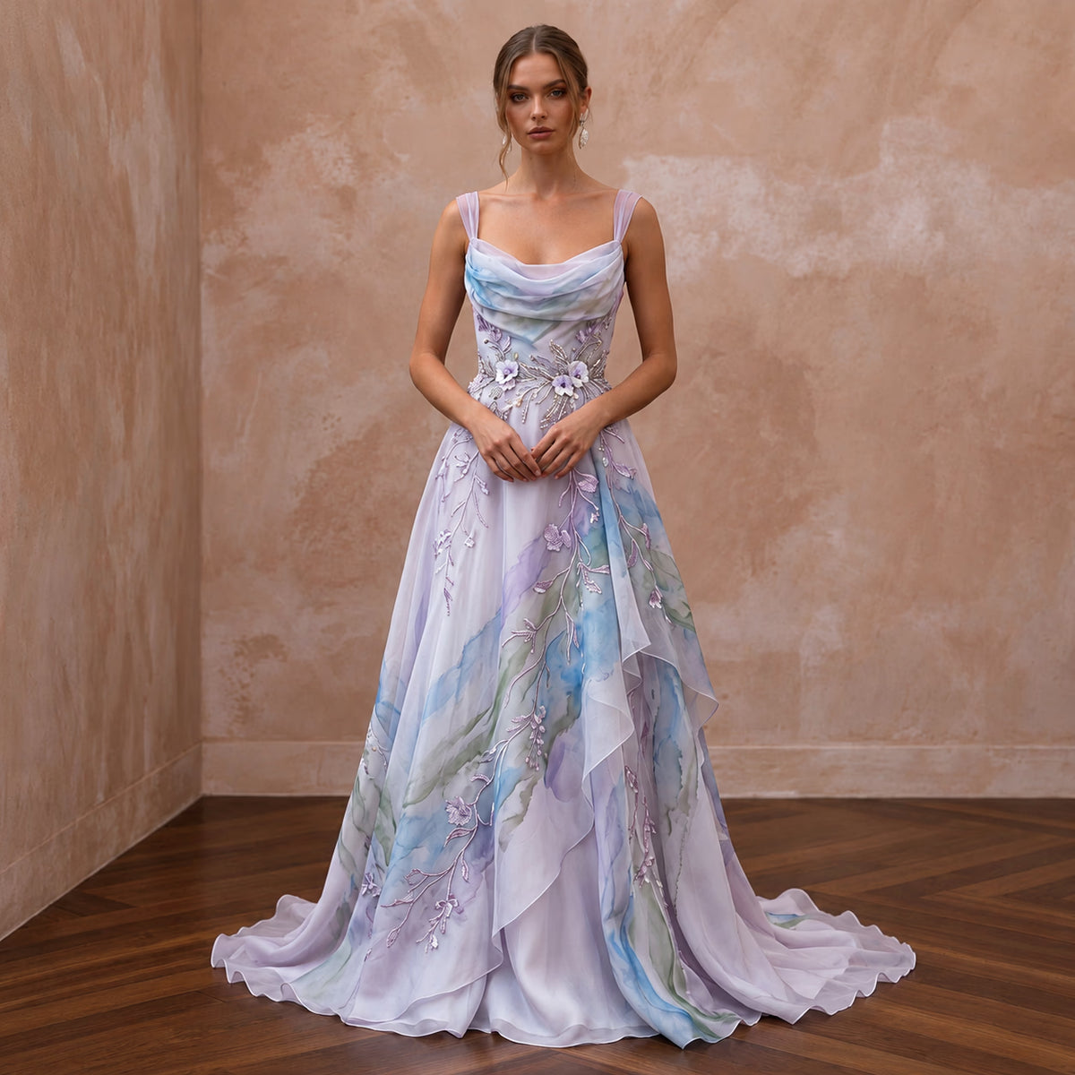 Ethereal Lavender Watercolor Silk Bridal Gown for Garden Elopement - Apparel & Accessories > Clothing > Wedding & Bridal Party Dresses > Wedding Dresses - Mignonette Bridal Main image